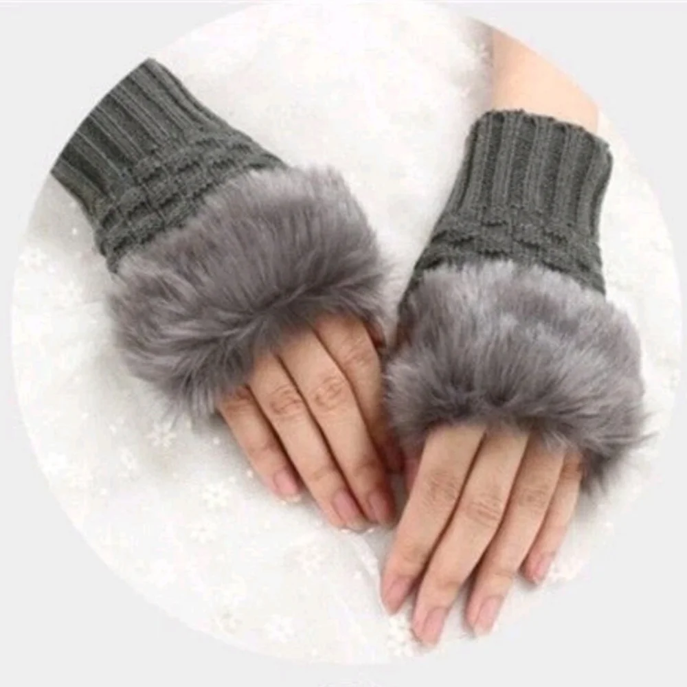 Red Faux Fur Fingerless Magic Stretchy Cropped Warm Winter Sweater Knit Gloves